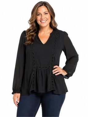 Black Boho Lace-Trim V-Neck Boho blouse M